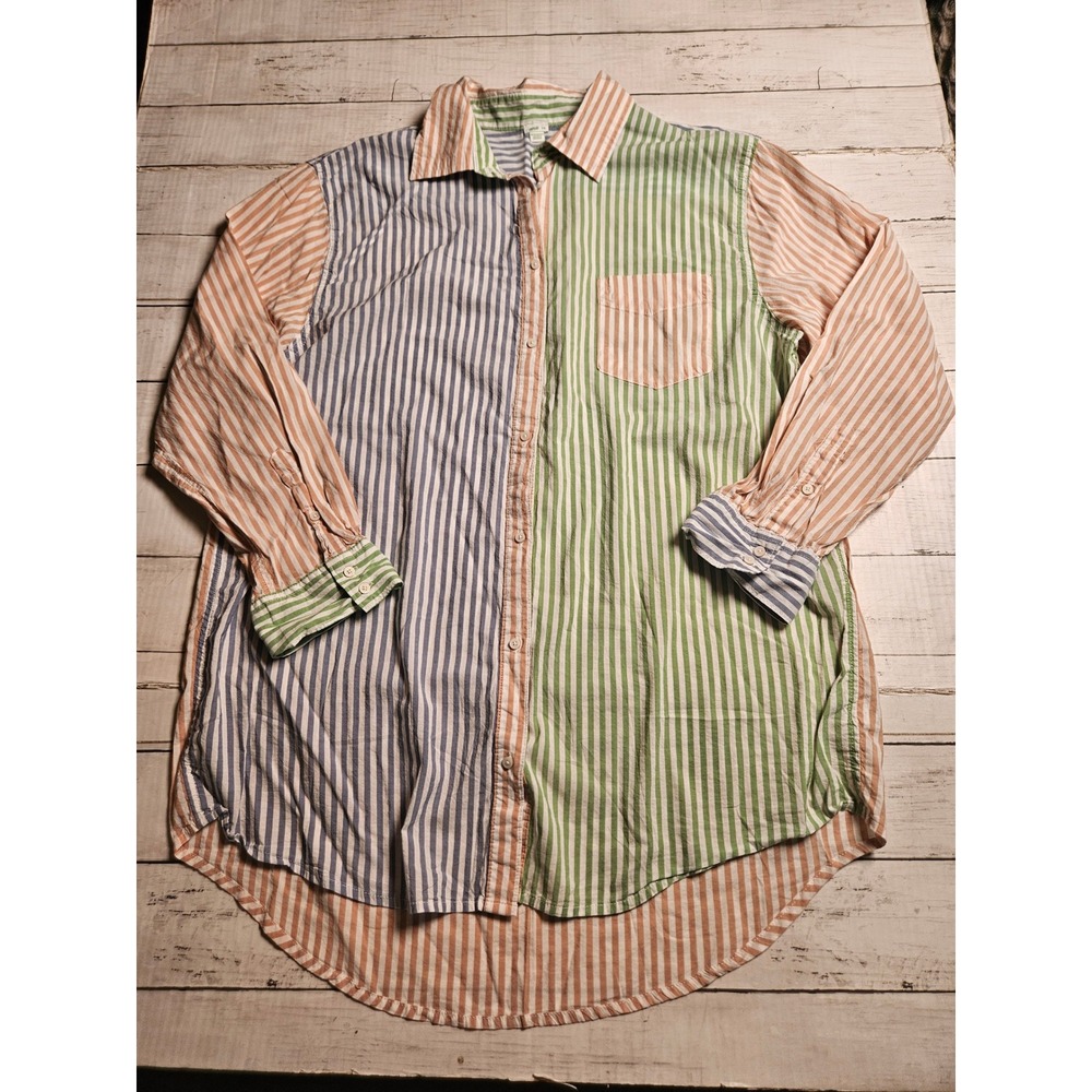 Aerie Womens Large Colorblock Striped Button Down Shirt Oversized Pastel Coastal - Picture 2 of 7